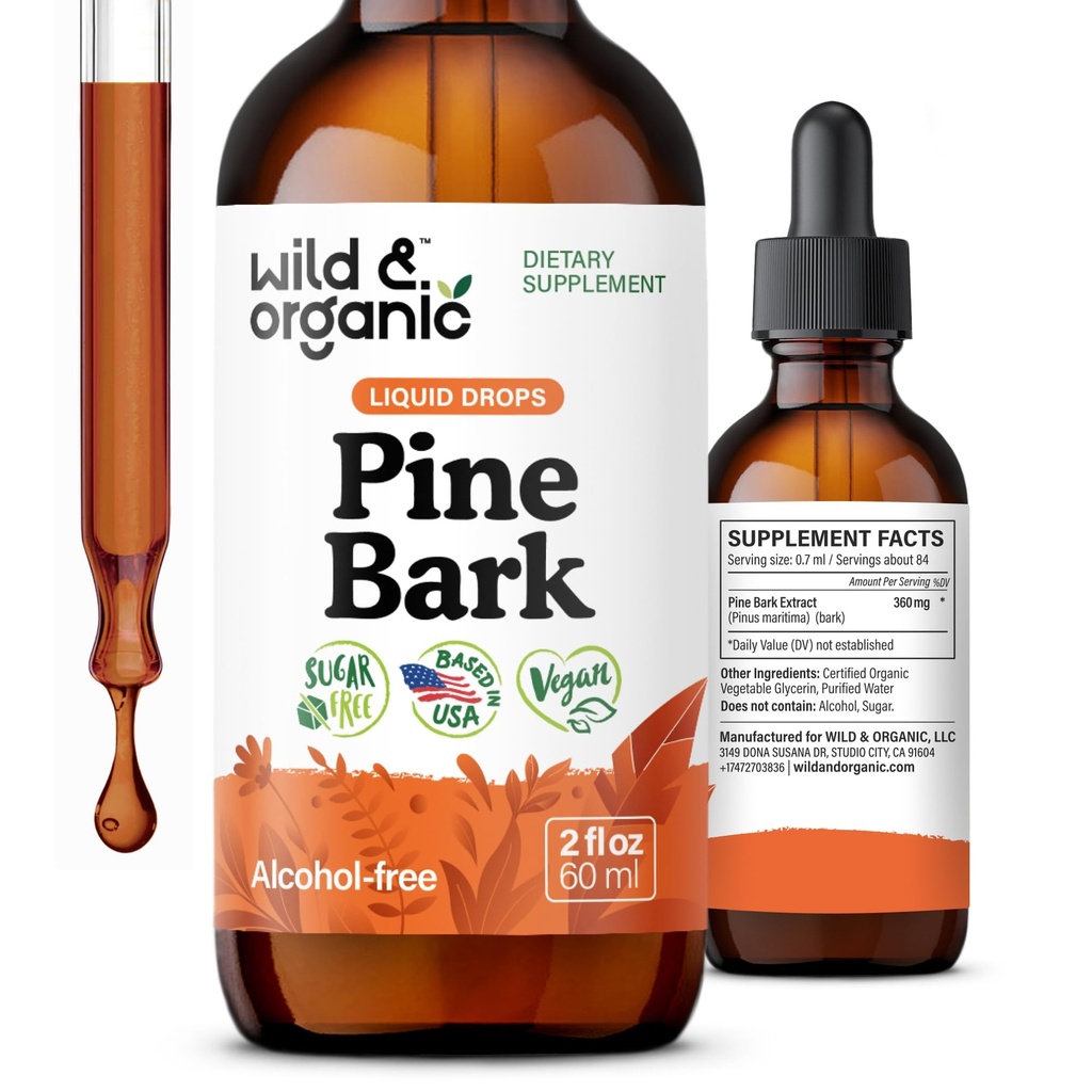 Wild & Organic Pine Bark Extract Tincture - Antyoksydant Support - Pinus Pinaster Supplements - French Maritime Bark Liquid Drops - 2- Month Supply - Vegan, Alkohol & Cukier - 2 fl oz
