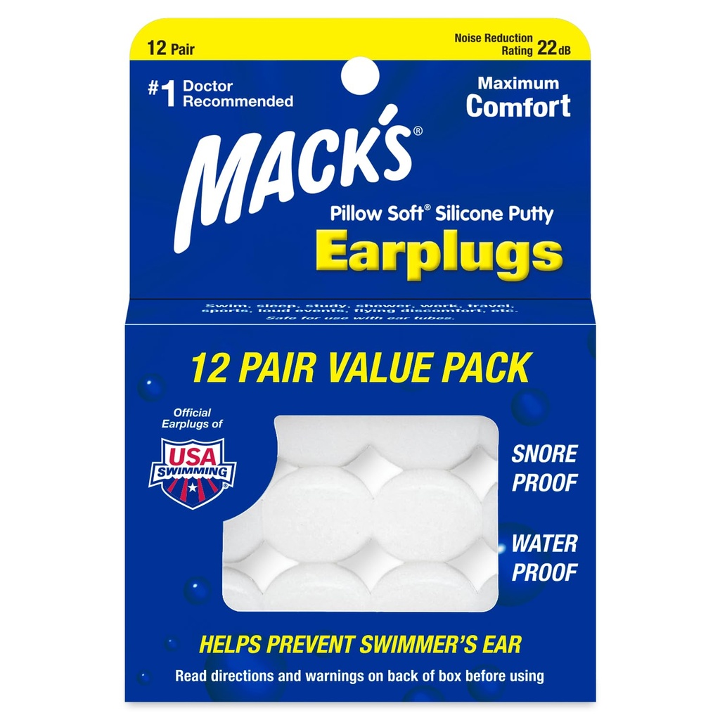 Mack 's Poduszka miękkie silikonowe zatyczki, 12 Para - Oryginalne Moldable Silicone Putty Ear Plugs for Sleeping, Chrapanie, Pływanie, Podróże, Koncerty i studia 124; Made in USA