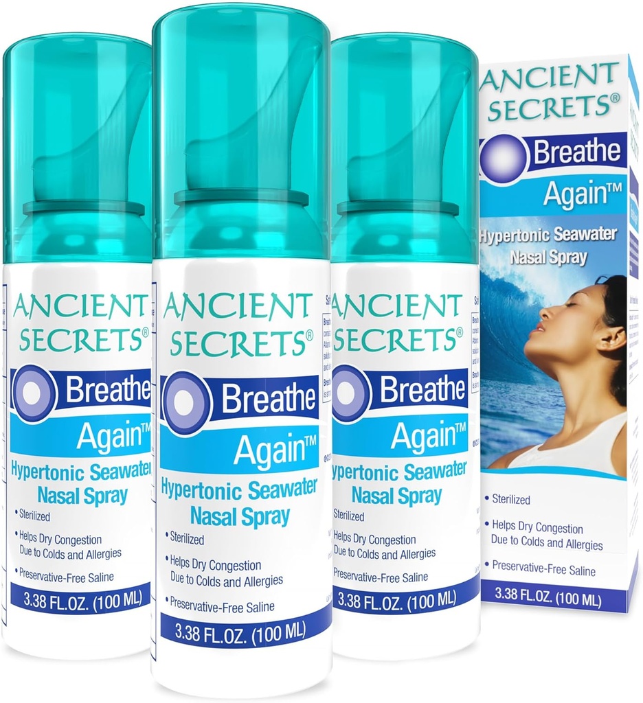 ANCIENT SECRETS Saline Nasal Spray - Oddech ponownie Hypertonic Seawater Nasal Spray, alergia & Sinus Relief, Nasal Congestion Moisturizer, 3.38 Fl Oz (Opakowanie 3)