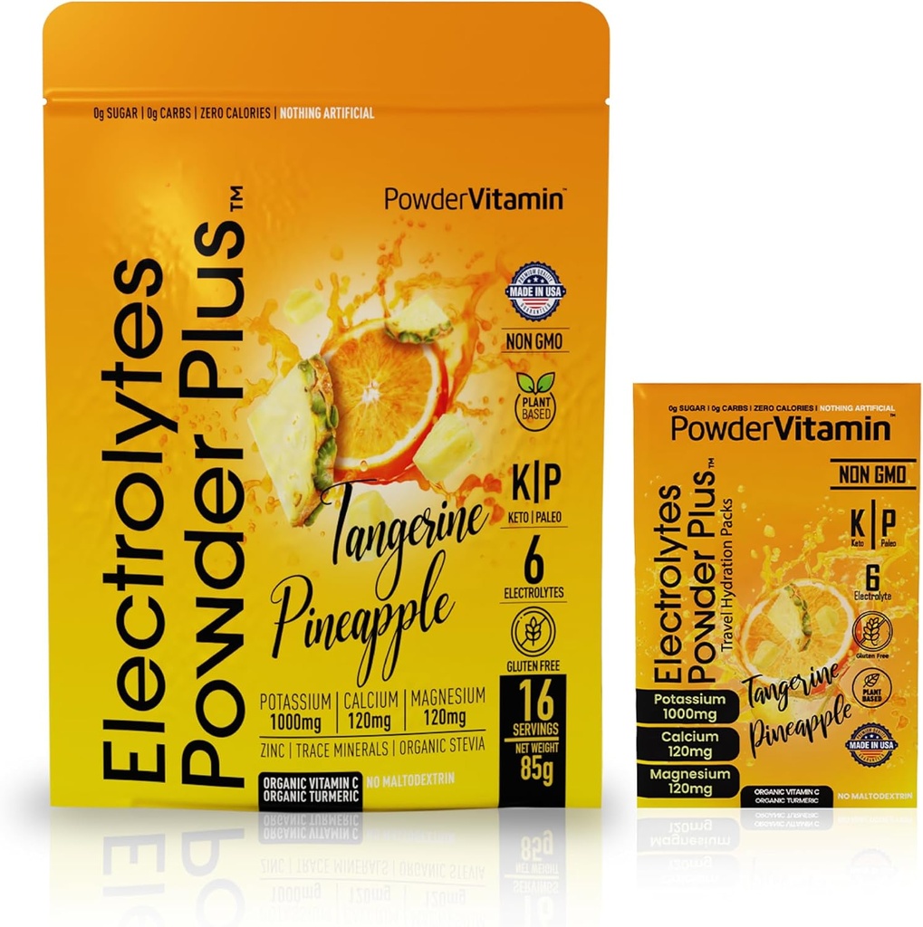 Proszek PowderWitamina Electrolytes Plus, Keto, Ananas tangerynowy, Bezcukrowy, Sól różowa himalajska, 1000mg potasu, 120mg wapnia, 120mg magnezu, Non-GMO, Zero kalorycznych (16 pakietów nawadniających)