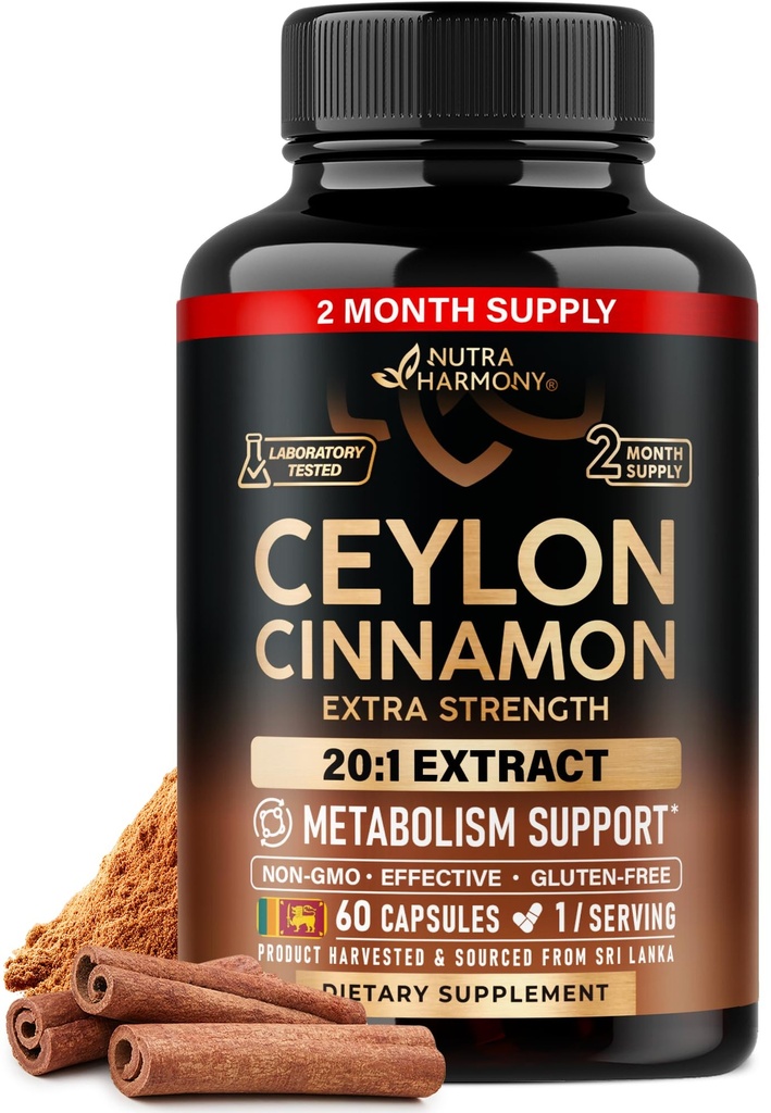 Ceylon Kapsułki cynamonu - Dodatkowa siła - Energy Heart & Metabolizm Wsparcie dla mężczyzn i kobiet - Czysty naturalny Cynamon 20: 1 Suplement ekstrakcji - GMO & Gluten Free - Made in USA - 60 Kapsułki 2 Miesiąc