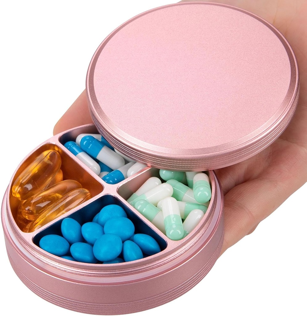 Metal Pill Organizator 4 Komory - Przenośny Pill Case Daily, wodoodporny Pill Box for Purse, Compact Pill Holder Medicine Container Dispensers for Witamina Cod Wątroba Suplement oleju różowy