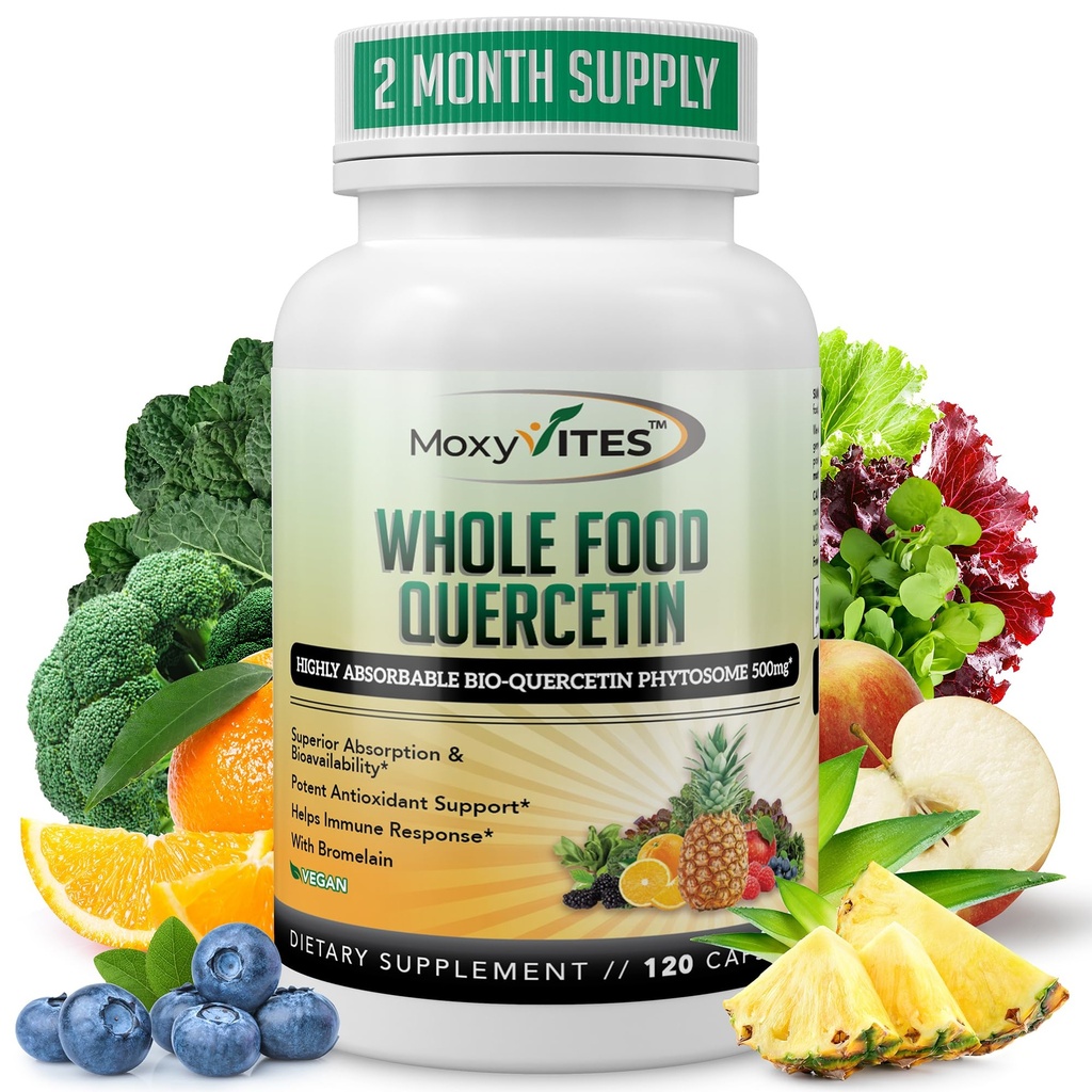 MoxyVites Quercetin z suplementem Bromelain 500 mg - Bioactive Phytosome Complex, Pure Organic Whole Food Sezonowe wsparcie, Przeciwutleniacz, 20X Wchłanianie i Biodostępność - 120 Czapki