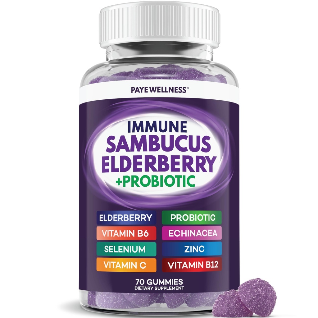 Elderberry Gummies Immune Support, Daily Support for Kids and Adult *, z Sambucus Elderberry, Cynk, Witamina C, D3, B6, B12, Plus - Suplement diety - 70