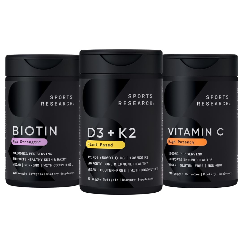 Badania sportowe Witamina D3 5000iu K2 100mcg, Biotin Wegan 10,000mcg z oleju kokosowego i witaminy C o dużej mocy suplement 1000mg