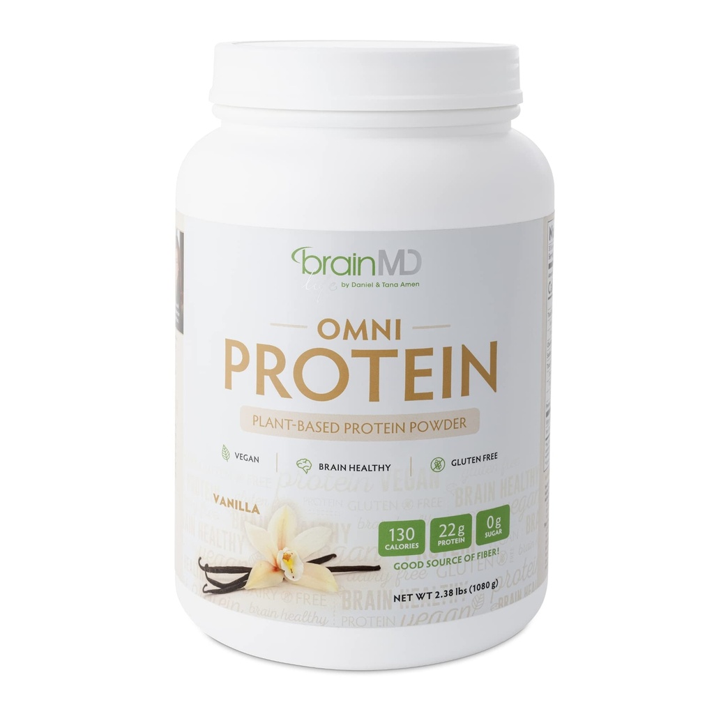 BRAINMD Dr Amen Omni Protein Vanilla - 2,38 lbs - Proszek białkowy na bazie plantacji - Promotes Energy & Exercise Recovery - Wegan, Wegetarianin, Cukier wolny, Gluten wolny - 30 Sługi