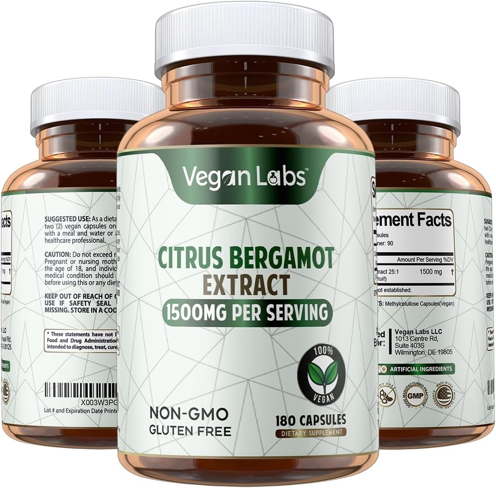 Vegan Labs Citrus Bergamot Extract 1500MG- 180 Vegan Capsules- 25:1 Citrus Bergamia Extract- Supports Overall Health and Antioxidant Protection- Gluten Free, Non-GMO