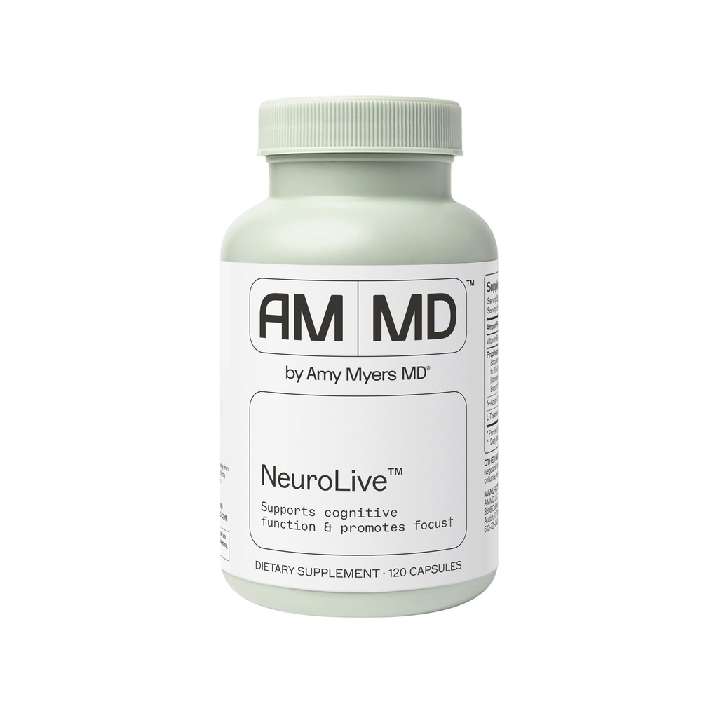 Amy Myers MD NeuroLive - Suplement do Zdrowia Mózgu dla funkcji poznawczych i wsparcia skupienia - z witaminą B - Bezglutenowe, Non-Dairy & Non-Soy - 120 Kapsułki (60 Servings)