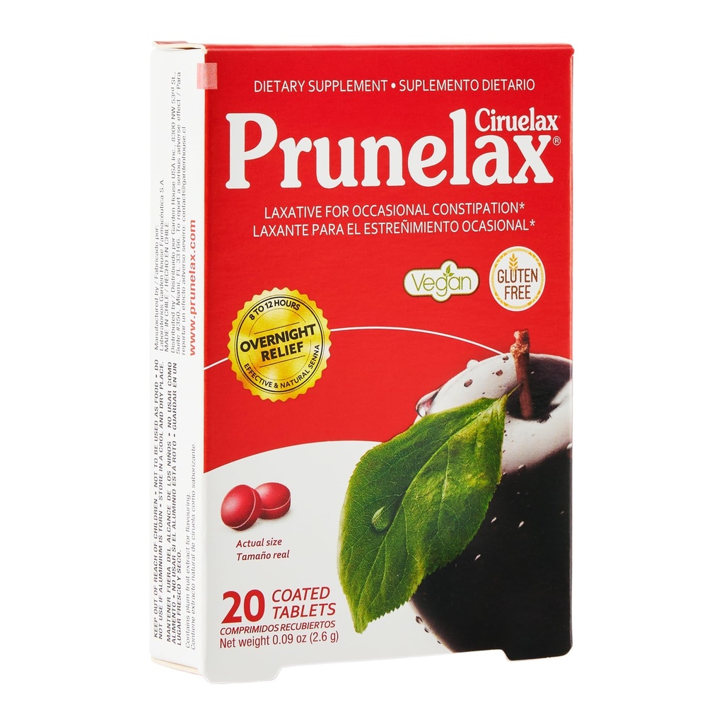 Prunelax Ciruelax Regularna Siła Laxative Mini Tablets - Nocna ulga w przypadku sporadycznych zaparć, Senna Extract, Vegan & Gluten- Free, Delikatna ulga - 20ct