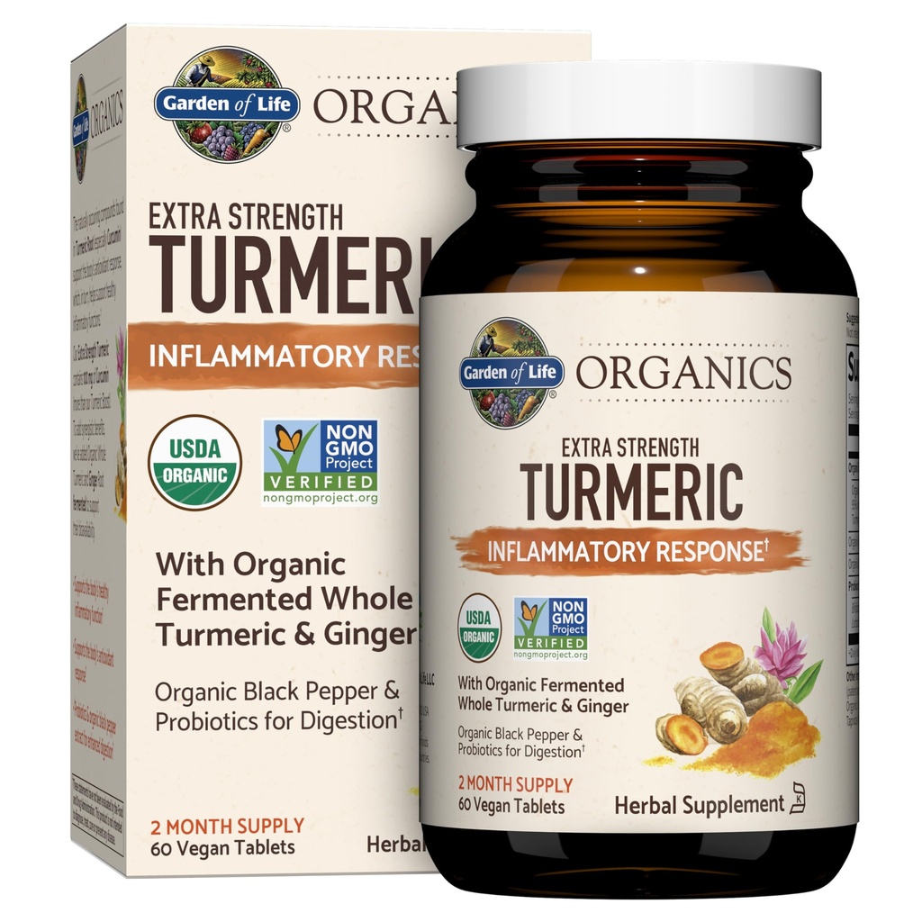Ogród Organizatorów Życia Ekstra Siła Turmeric Inflammable Response 60 Tablets- 100mg Kurkumina (95% Kurkuminoidy) Czarny pieprz, Probiotyki, Organic Non-GMO Wegan Gluten suplement ziołowy