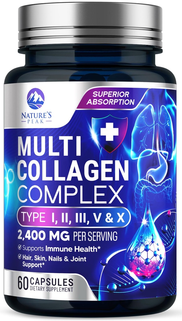 Multi Colagen Peptydes Suplement do włosów, paznokci, skóry - Typ I, II, III, V, X, Collagen proszkowe tabletki - Grass- Fed, Zhydrolizowane dla kości i wspólnego wsparcia dla kobiet i mężczyzn, Non-GMO - 60 Kapsułki