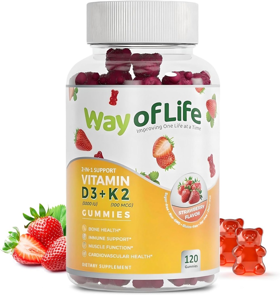 Vitamin D3 5000 IU (125 mcg) + K2 (MK-7) 100 mcg Sugar-Free Gummies, Strawberry - 120 count, Bone and Heart Health for Adults, Muscle Funtion, Pectin, Tasty, Chewy, Non-GMO, Gluten-Free, Gelatin-Free