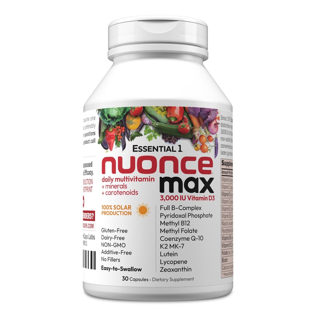 ANDREW LESSMAN Essential-1 nuonce max Multivitamine 3000 IU Witamina D3 30 Małe kapsułki. 100 μg Metylu B12. CoQ10 Lutein Lycopene Zeaksantyna. Wysoka moc. Żadnych dodatków. Ultra- łagodny jeden dzień kapsułki