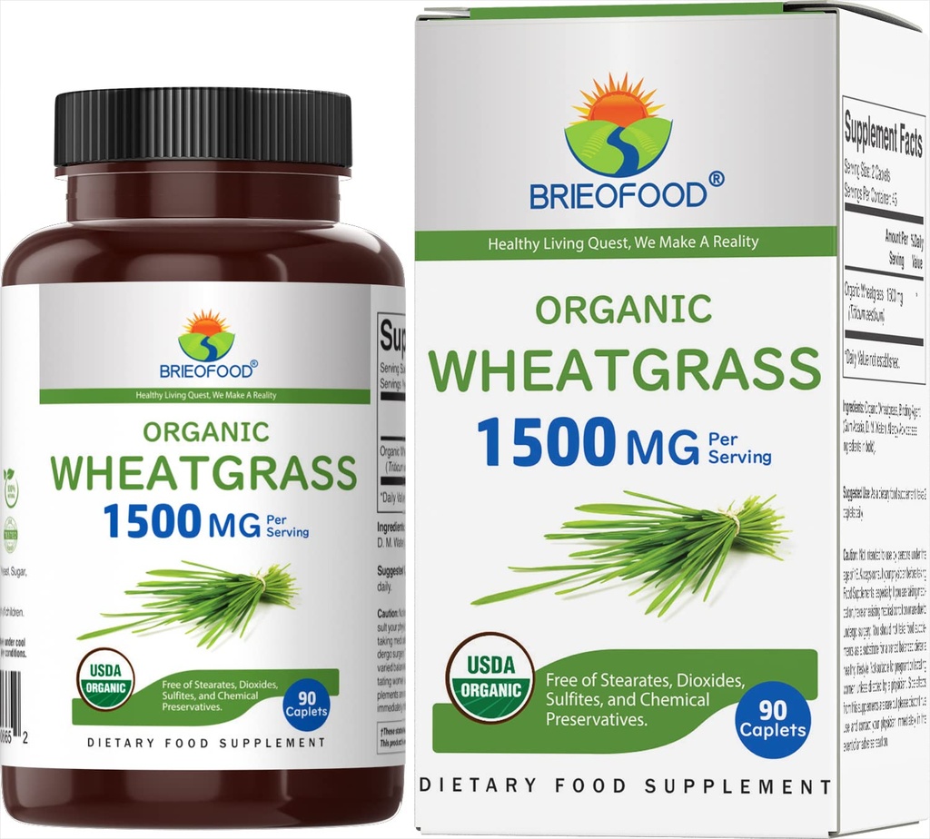 Brieofood Organic Wheatgrass 1500mg, 45 Służenia, Wegetarianin, Gluten Free, 90 Tabletki wegetariańskie