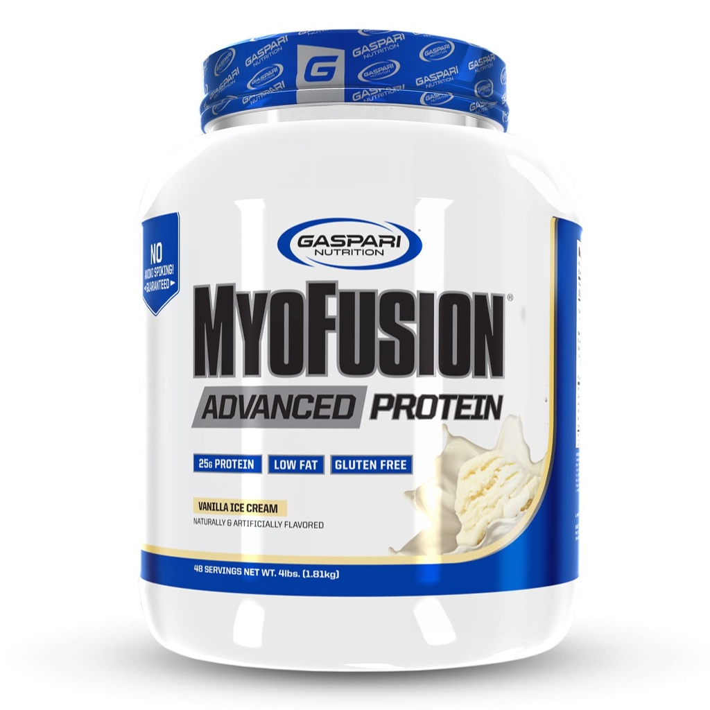 Gaspari Nutrition Myofusion Zaawansowane białko, Mieszanka proteinowa z białkiem serwatkowym, białkiem kazeinowym i białkiem izolacyjnym, niskotłuszczowym i glutenowym (4lbs, lody waniliowe)