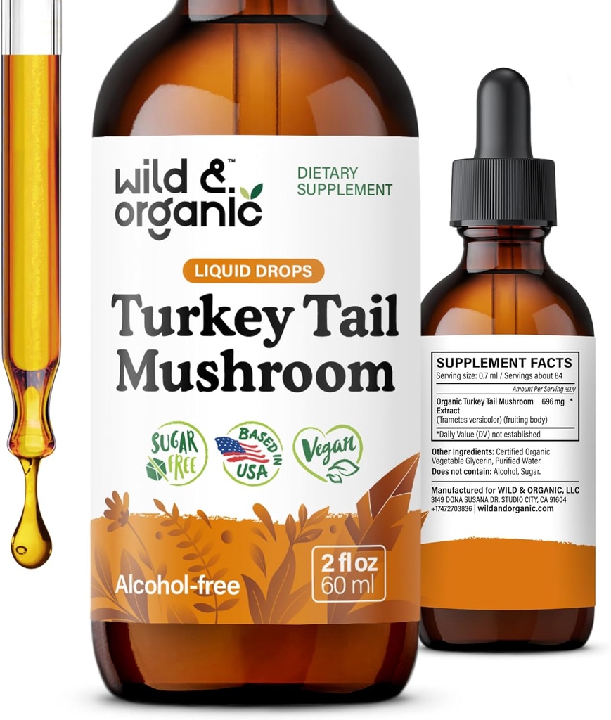 Wild & Organic Turkey Tail Tincture - Immune & Gut Support - Turcja Tail Mushroom Extract Drops - Vegan, Sugar & Alcohol Free Liquid Supplement - 2 fl oz