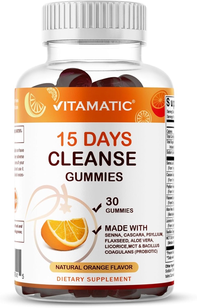 Vitamatic 15 Day Cleanse Gummies, Senna, Cascara, Psyllium, Nasiona lnu, Aloe Vera, Licorice, MCT, Probiotyczne