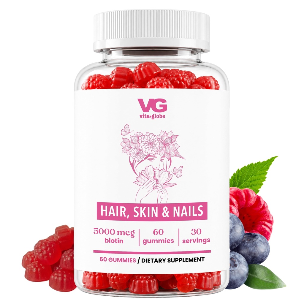 VITA GLOBE Włosy, Skóra i paznokcie + Gumiaki kolagenowe - 20 mg z witaminami A, C, D, E, B6 i Biotin 124; Uroda i suplement Wellness dla zdrowego wzrostu włosów, Promieniująca Skóra i silne paznokcie - 60 Count (Opakowanie 1)