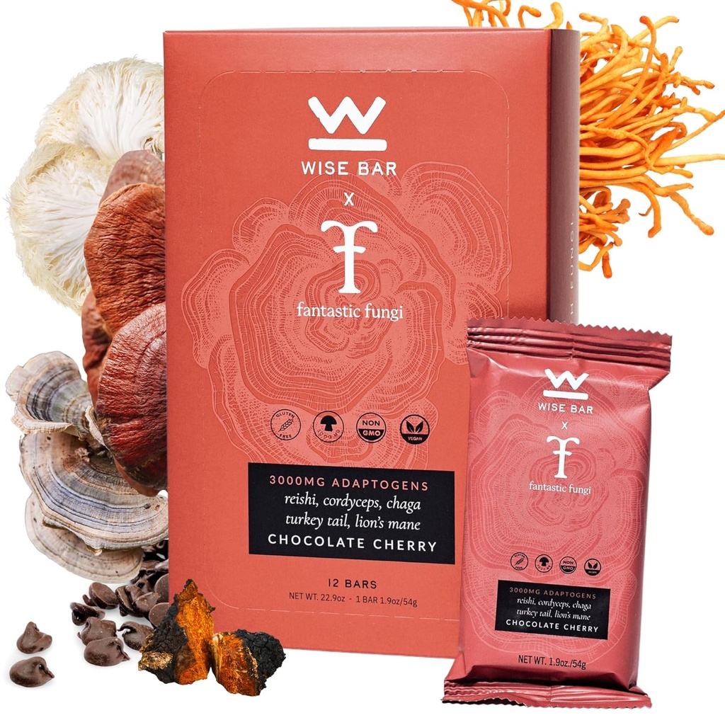 Wise Bar Adaptogen Mushroom Nutrition Bars z Reishi, Lwy Mane & Ashwagandha, Organic Vegan & Gluten Free przekąski dla naturalnego skupienia, Energia & Wsparcie odporności, Czekoladowy Flavor Cherry, 12 Hrabia