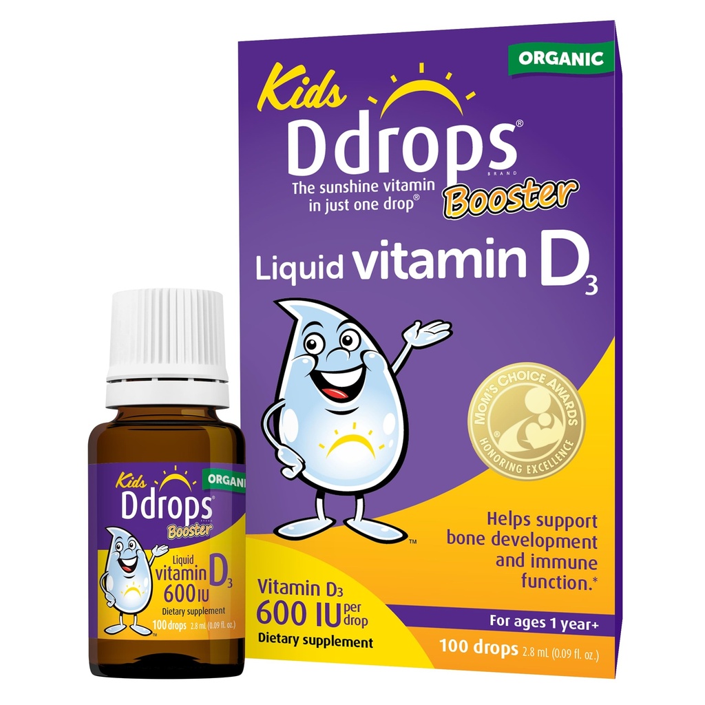 Drops Kids Booster 600IU 100 Krople - Codzienne płynne witaminy D dla dzieci. Wsparcie silne kości i układu immunologicznego u dzieci. Brak środków konserwujących, Brak cukru, Nie-GMO, Przyjazny dla alergików