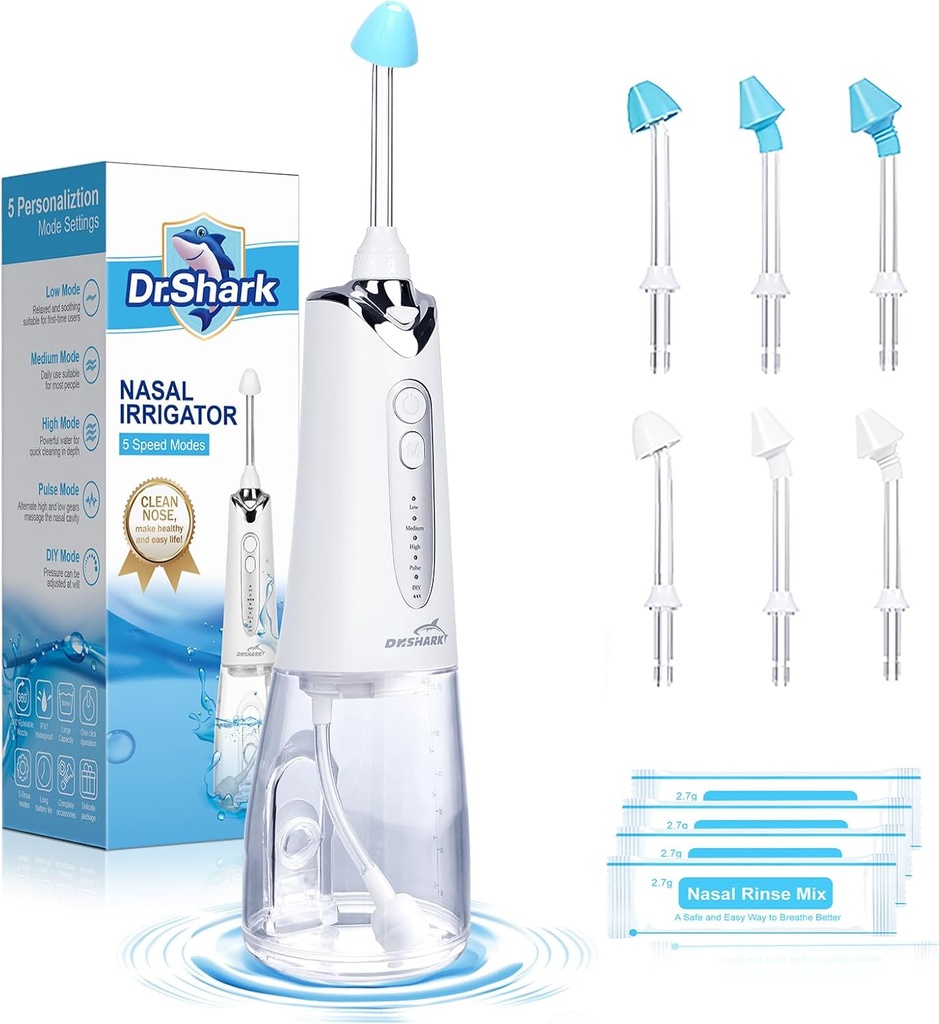 DR.SHARK Cordless Nasal Irrigation System, Electric Netting Pot for Sinus, Oczyszczarka nosa, Sinus Cleaner Machine, 5 Modes Nasal Rinse Machine