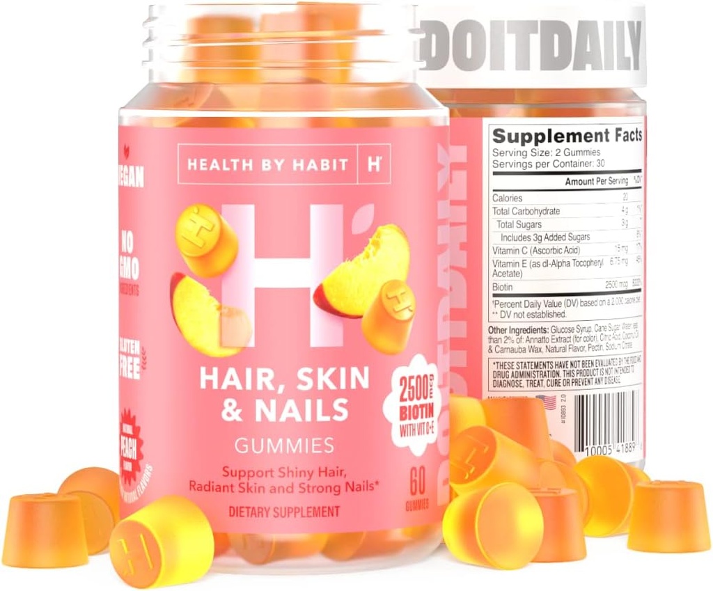 Zdrowie przez Habit Hair, Skóra i Nails Supplement (60 Gummies) - 2500mcg Biotin, Witamina C, Witamina E, Silne paznokcie, Peach Flavor, Wegan, Gluten Free, Non-GMO