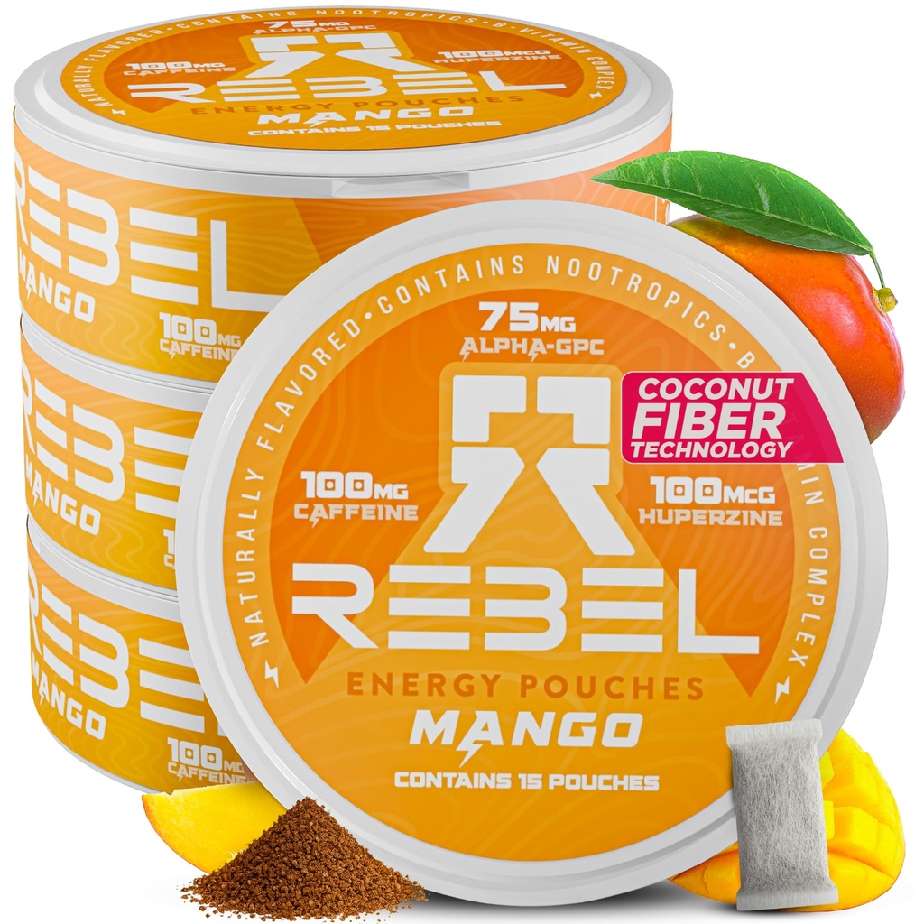 Pouchy kofeinowe energii nootropowej • 100mg kofeiny • Alpha GPC • Huperzine A & Esential Vitamin • Bez cukru • Technologia włókna kokosowego • Mango Flavor • 15 Pouches per Can (opakowanie 4)