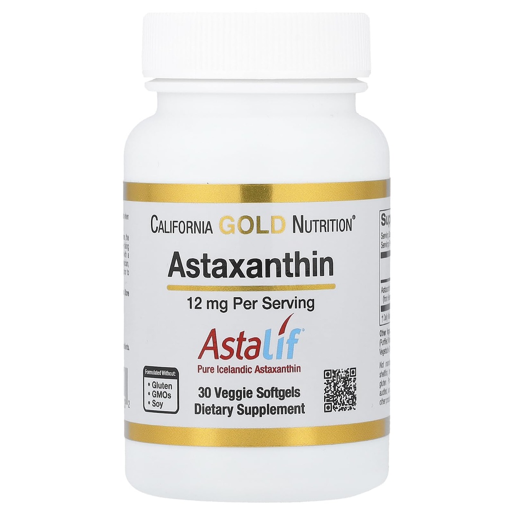 Astaksantyna przez California Gold Nutrition - AstaLif ® Czysty islandzki Astaksantyna - Gluten Free, Non-GMO - 12 mg - 30 Veggie Softgels
