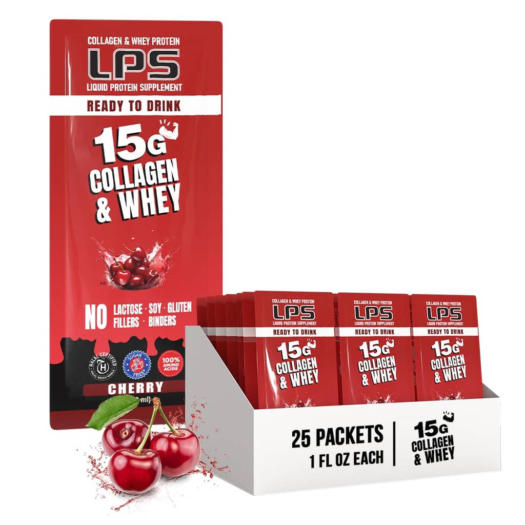 Nutritional Designs LPS Liquid Collagen & Serwatka suplement protein - Napoje niezawierające GMO, Bezcukrowe - Promotes Healthy Skin & Hair for Men & Women, Cherry, Single Serve (25 pakietów)
