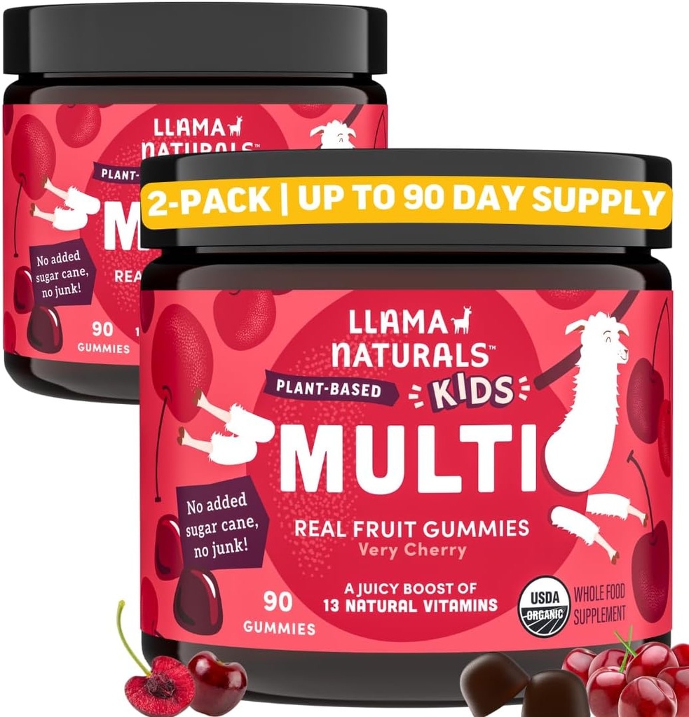 Lama Naturals Dzieci Multivitamin Gummies, Wegan, Organic z witaminą D, C & K, Toddler Prawdziwe owoce Gummy Witaminy, suplement do żucia, Całość żywności Multivitamina, Nie dodawany cukier trzciny cukrowej, Cherry, 2 Pk