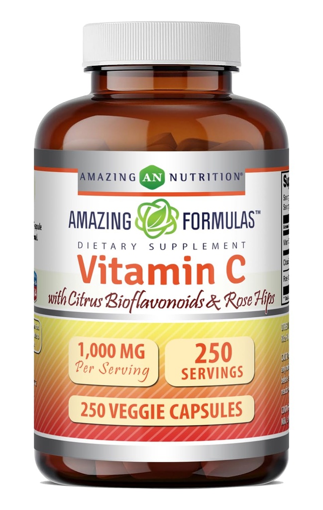 Zadziwiające witaminy C z Rose HIPS & Citrus Bioflavonoids 124; 1000 Mg na suplement serwowy 124; 250 Veggie kapsułki 124; Non-GMO ® 124; Bez glutenu 124; Made in USA