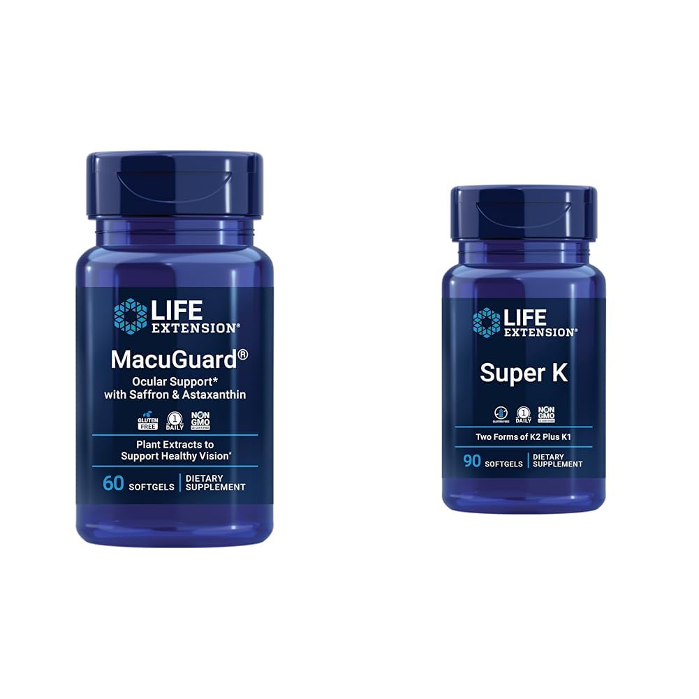 Wydłużenie życia Macuguard Eye Health Supplement z luteiną, mezo- zeaksantyną, szafranem i astaksantyną - 60 Licznik i Super K Witamina K1 K2 MK- 7 MK- 4 Witamina C - 90 Softgels