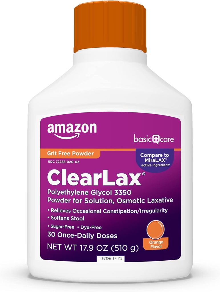 Basic Care ClearLax Polyetylenowy Glikol 3350 Proszek do sporządzania roztworu, Pomarańczowy Flavor, Osmotic Laxative, Stool Softener, Relieves Ocasional Zaparcia, 1.11 funt (Opakowanie po 1)