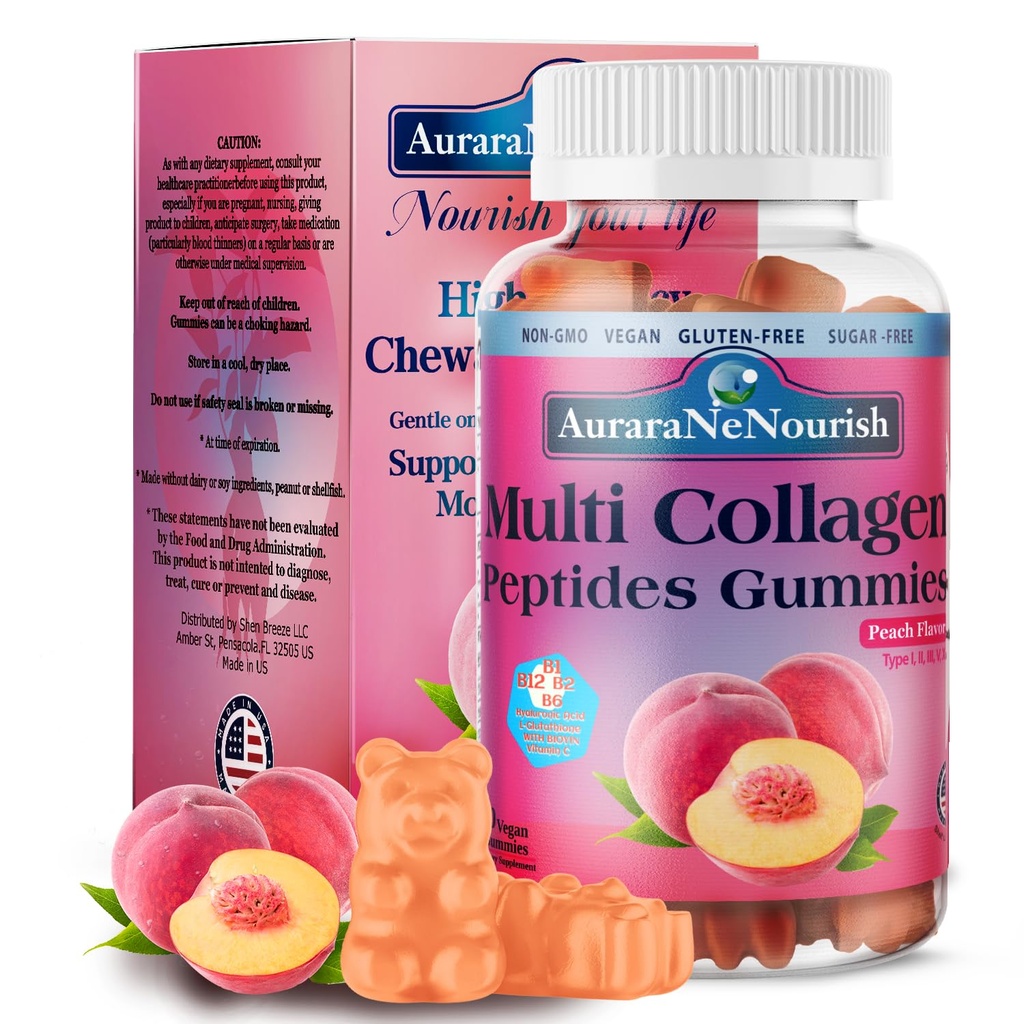 Multi Collagen Peptides Gummies, Sugar Free Hydrolyzed 5000mg Protein丨Type I,II,III,V,X with Biotin Hyaluronic Acid Vitamin C A D B6 B12 L-Glutathione for Skin Hair Nail Joint Bone -Peach Gummies