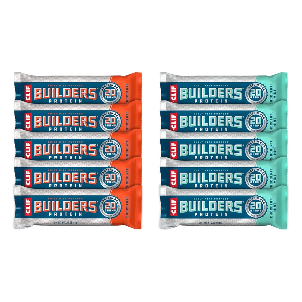 CLIF Builders - Mennica czekoladowa i aromat czekoladowy - Pakiet odmian - Bary protein oparte na roślinach - Gluten Free - Non-GMO - Niska Glycemic - 20 g Białko - 2.4 oz. (10 Count)