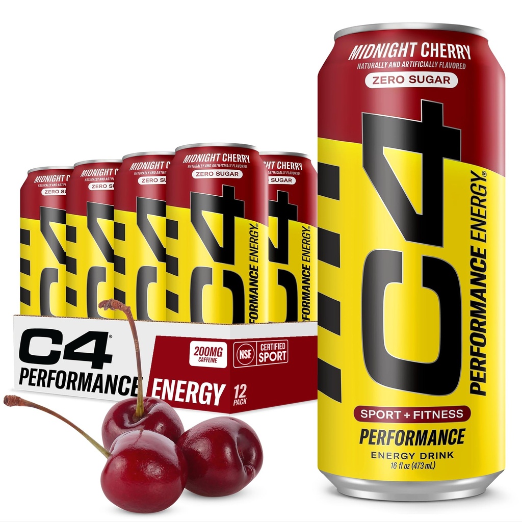 C4 Energy Carbonated Zero Sugar Energy Drink, Pre Workout Drink + Beta Alanine, Midnight Cherry, 16 Fl Oz (Opakowanie 12)