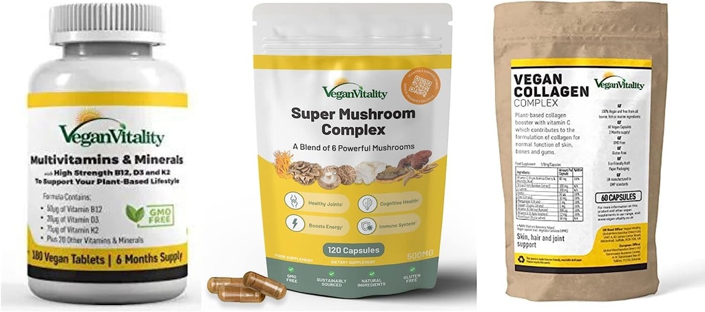 Vegan Vitality Booster Supplements Bundle - Vegan multivitamins, Collagen and Super Mushroom Complex. High Strength Plant-Based Formula for Overall Health for Vegans and Vegetarians