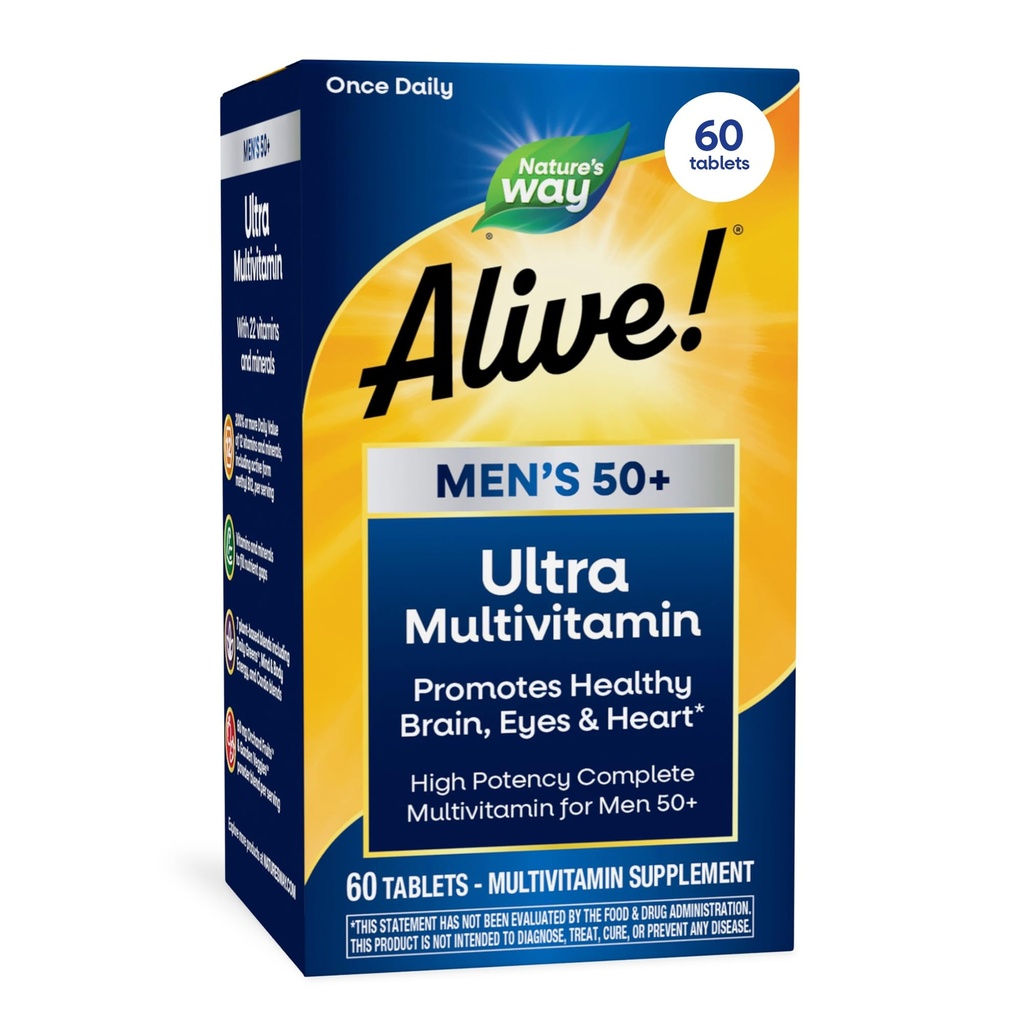 Nature 's Way Alive! Mężczyźni 50 + Daily Ultra Multivitamin, Formuła o dużej mocy, Pomaga zdrowy mózg, oczy i serce *, z Methylled B12, Gluten- Free, 60 Tabletki (Opakowania może Vary)