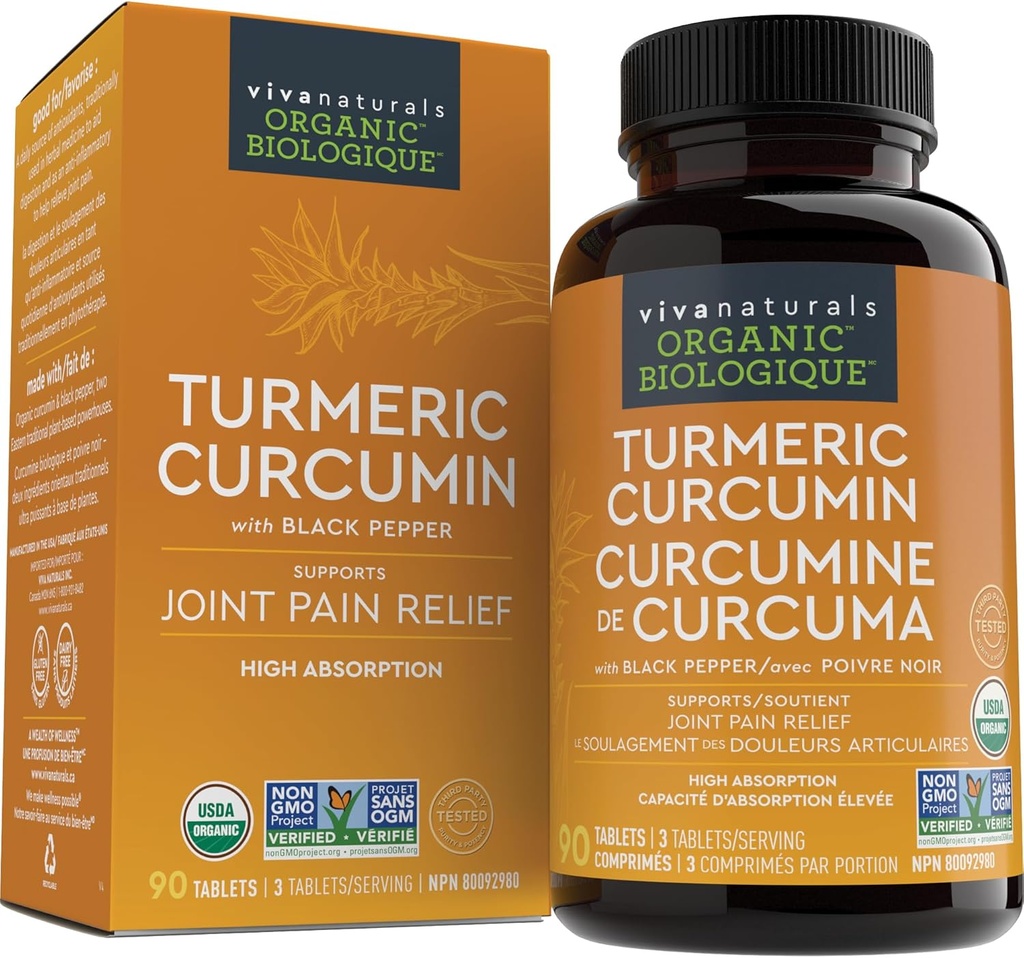 Viva Naturals Kurkumina Turmerowa, 1500 mg, 120 tabletek - z czarnym pieprzem do wchłaniania - dla wspólnego wsparcia i obrony komórkowej