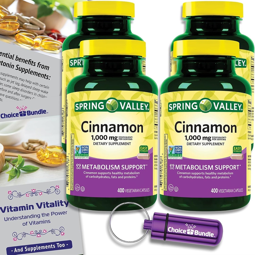 Wybór Bundle Spring Valley Cynamon Suplement diety 1000mg 400 ct Kapsułki wegetariańskie 4 pk (1600 Razem) + "Witaminy witalności" Przewodnik i pojemnik na pióro (6 przedmiotów)!