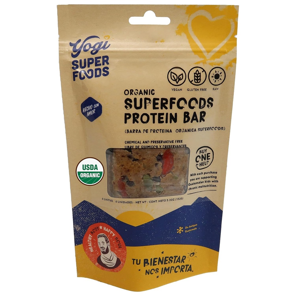 Yogi Super Foods Maca Protein Bary z Cacao dla zdrowej energii - Raw, Wegan, Gluten Free, Niskie Glicemiczne Superfood Snack Bary żywności z białka roślin, Proszek kakaowy & Granola - 4 Bary