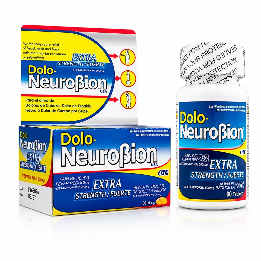 Dolo Neurobion Pain Reliever, Fever Reducer, Extra Siła. Alivia el Dolor, Reduce la Fiebre, Extra Fuerte. 60 tabletek. Acetaminofen 500 mg