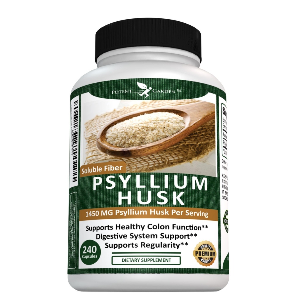 Pothent Garden Psyllium Husk Kapsułki Wszystkie naturalne i potężne rozpuszczalne Suplement Fiber Dietetyczny Pomaga Regularność i trawienie wsparcia, 240 Czapki