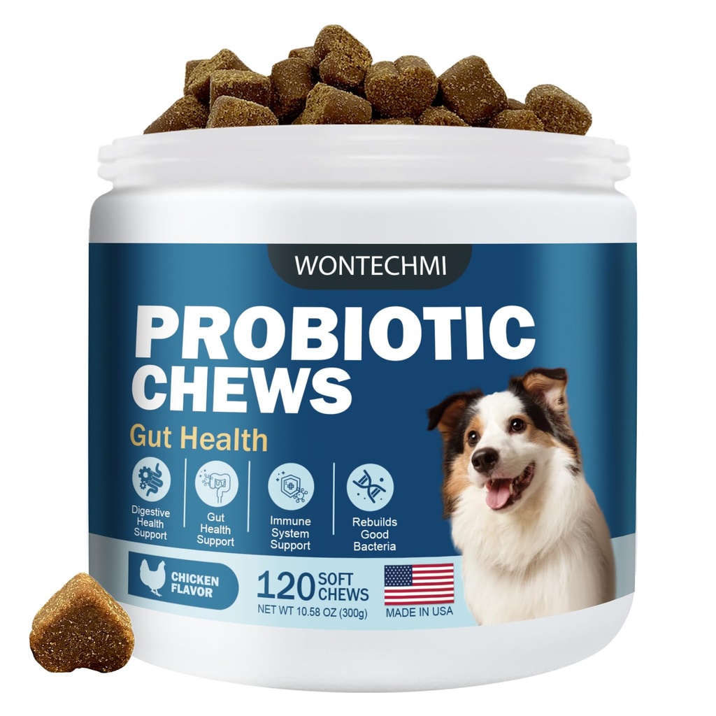 Probiotics for Dogs, Improve Itchy Skin Itchy Ears, Gut Health, Yeast Balance, Allergies, Immunity, Dog Probiotics and Digestive Enzymes with Prebiotics, Reduce Diarrhea (Chicken, 120 chews)