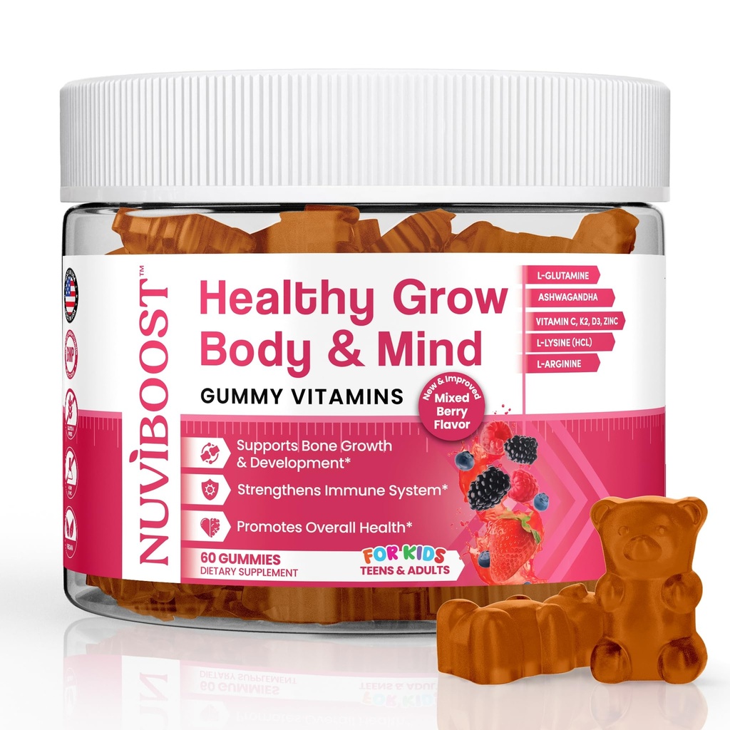Zdrowy wzrost wzrostu Gummie bogaty w wapń, Witaminy C, D3, K2, L-Arginina, Ashwagandha i inne, Boost Bone Health & Immunity, Multivitamin, dla dzieci 5 +, Nastolatki i Dorośli.