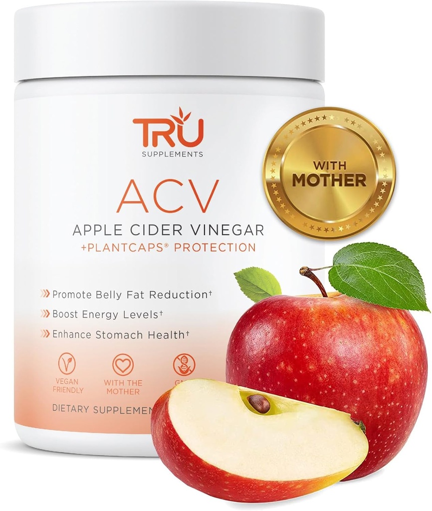 TRU suplementy ACV, ocet jabłkowy cydr, organiczny ACV z matką, poprawia trawienie i zdrowie skóry, 45 Służenie, 1000mg