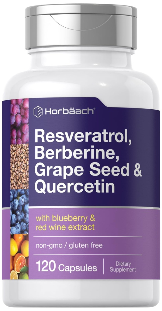 Horbäach Resveratrol Berberine Grape Seed & Quercetin Budapeszt 124; z Blueberry & Red Wine Extract Detail 124; 120 Kapsułki Detale 124; Non- GMO, Gluten Free & suplement wegetariański