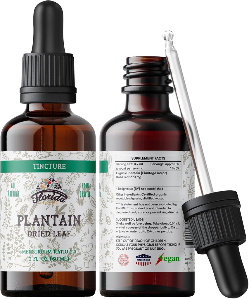 Plantain Tincture, Organic Plantain Extract (Plantago Major) Suchy suplement zdrowia liści, Nie-GMO w Cold- Pressed Organic Vegetable Glicerin 2 oz, 670 mg