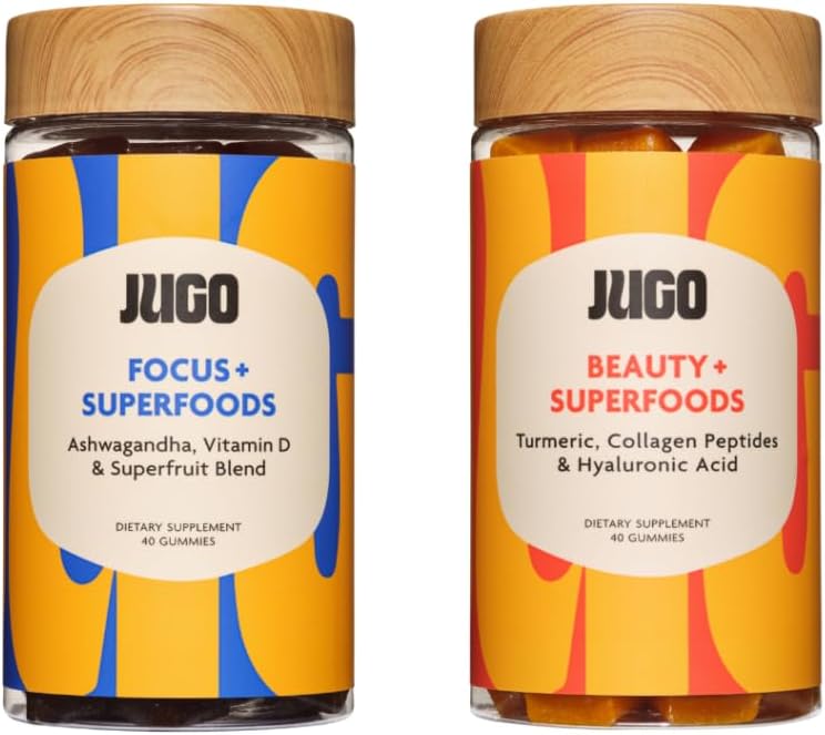 JUGO Beauty + Focus Gummies Bundle - Ashwagandha, Collagen & Biotin - Pomaga Focus, Stress Relief, Włosy, Skóra i paznokcie - oparte na plantacji, Gluten- Free