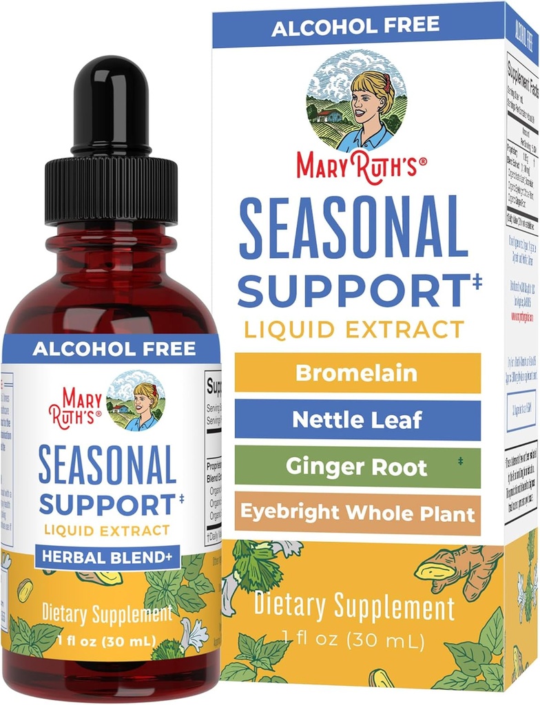 MaryRuth Organics Sezonowe Wsparcie Liquid Extract Herbal Blend Ginger Root 124; Bromelain Bis124; Organic Nettle Leaf 124; 4 Herbal Blend 124; Traditional Herbs Bis124; Non-GMO Bis124; Vegan 124; Gluten Free 124; 1 Fl Oz